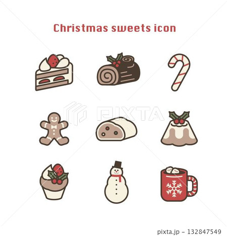 クリスマススイーツアイコンセット／かわいい冬のお菓子イラスト素材 132847549