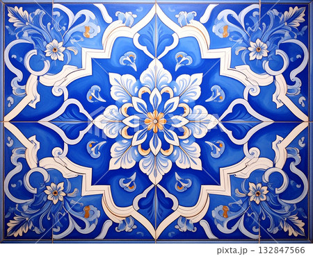 Structural strength. Texture of ceramic tile in oriental style in blue tones. Design mockup for bathroom interior. Decoration background. Geometric pattern. Structural strength. Texture of ceramic tile in oriental style in blue tones. Design mockup for bathroom interior. Decoration background. Geometric pattern. 132847566