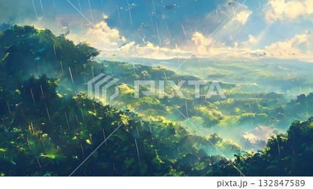 ジャングルの雨の遠景、アニメ風 132847589