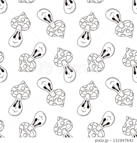 Seamless pattern of groovy line art style mushroom with smiling face on white background. Playful and whimsical design for cloth. 132847642