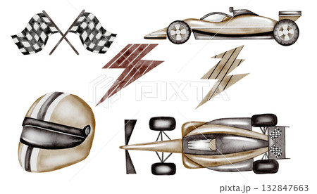 Racing cars watercolor set. Race car, helmet and flags in pastel colors on a white background. Ideal for children's textiles, wallpapers and baby shower design for boys 132847663