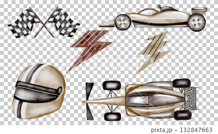 Racing cars watercolor set. Race car, helmet and flags in pastel colors on a white background. Ideal for children's textiles, wallpapers and baby shower design for boys 132847663