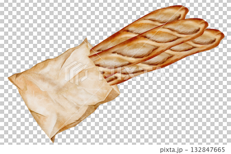 Baguette in a paper bag watercolor illustration. Hand-drawn long loaf with bow ribbon on a white background. Clip art of baked goods. Perfect for bakery banners and bakery labels. 132847665