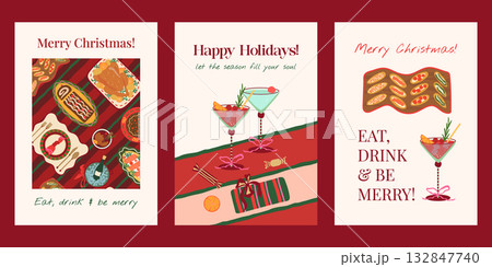 Christmas vector posters set. Holiday greeting card templates with festive food, drinks and xmas quotes. Trendy Merry Christmas typography designs for print, wall art, interior decor, invitations 132847740