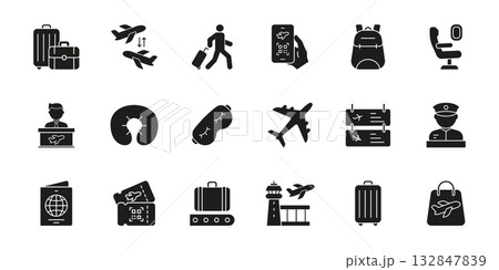 Travel And Aviation Essentials Solid Icon Set. Air Travel, Airport Services, And Passenger Experience Silhouette Symbol Collection. Includes Luggage and Airplane Icons. Isolated Vector Illustration 132847839