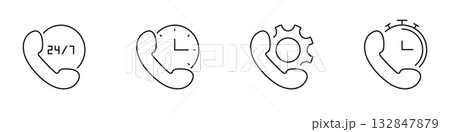 Phone Service Line Icon Set. 24-7 Support, Time Management, Technical Assistance, And Quick Response Outline Symbol. Customer Service And Communication. Editable Stroke. Isolated Vector Illustration 132847879