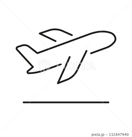 Airplane Takeoff Line Icon. Aviation, Travel, And Transportation Outline Symbol. Flight Departure And Airport Operations. Editable Stroke. Isolated Vector Illustration 132847940