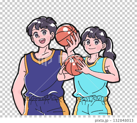 Illustration of a smiling boy and girl holding a basketball 132848013