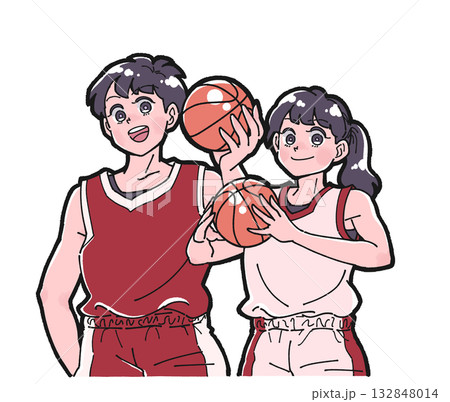 バスケットボールを持った笑顔の男の子と女の子のイラスト バスケットボールを持った笑顔の男の子と女の子のイラスト 132848014