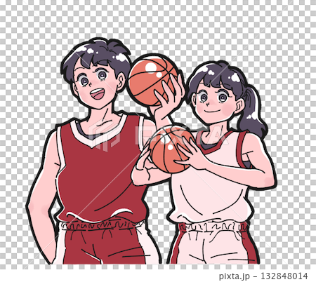 バスケットボールを持った笑顔の男の子と女の子のイラスト バスケットボールを持った笑顔の男の子と女の子のイラスト 132848014
