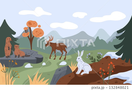 Snow animals. Northern nature. Winter landscape. Wild mammals. Tundra forest and mountain. Polar circle biology. Elk and hare. Gopher hole. Spring environment. Textbook guide. Vector tidy illustration 132848021