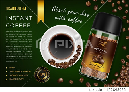 Instant coffee ad banner. 3D glass bottle and ceramic cup. Arabica premium brand. Roasted beans packaging. Rich aroma advertising. Mug of liquid. Morning drink. Vector black beverage poster template Instant coffee ad banner. 3D glass bottle and ceramic cup. Arabica premium brand. Roasted beans packaging. Rich aroma advertising. Mug of liquid. Morning drink. Vector black beverage poster template 132848023