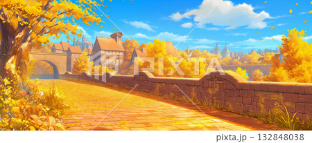 秋のレンガの道、アニメ風 132848038