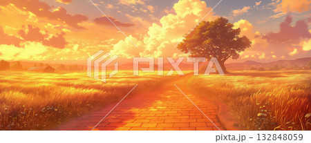 夕焼けとレンガの道、アニメ風 132848059