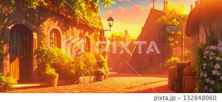 西洋の街のレンガの道、アニメ風 132848060