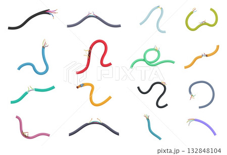 Damaged electrical cables. Electricity problems, broken cable for charge device or communication wires. Electric connects uninsulated, cartoon sapid vector set Damaged electrical cables. Electricity problems, broken cable for charge device or communication wires. Electric connects uninsulated, cartoon sapid vector set 132848104