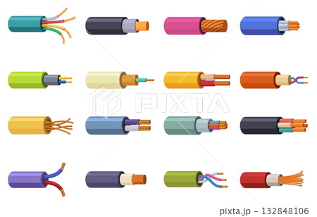 Electrical copper wires. Cartoon cables and electric conductors with insulation. Industrial elements, energy power cable, household and industry, sapid vector set Electrical copper wires. Cartoon cables and electric conductors with insulation. Industrial elements, energy power cable, household and industry, sapid vector set 132848106