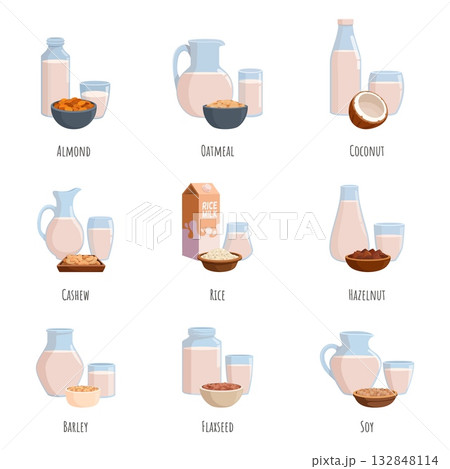 Vegan milk. Alternative drinks from almond oat rice cashew hazelnut soy. Glass bottles and jars and glasses, bowls with cereals and nuts, sapid vector set 132848114