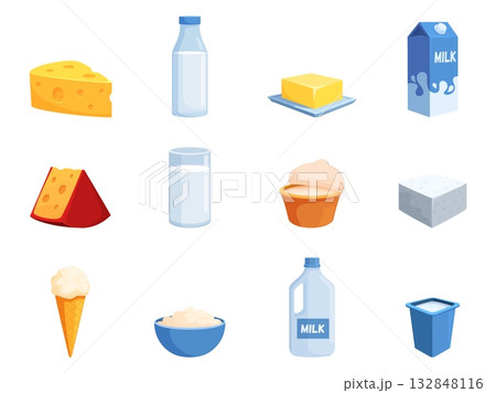 Dairy products. Cheese milk butter and yoghurt. Isolated sour cream and ice cream in waffle cone. Cottage cheese, greek feta, sapid vector clipart 132848116