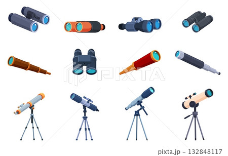 Cartoon optical devices. Binoculars and telescopes, astronomy equipment. Tools for scientific observation of people, birds, surveillance, sapid vector set Cartoon optical devices. Binoculars and telescopes, astronomy equipment. Tools for scientific observation of people, birds, surveillance, sapid vector set 132848117