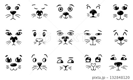 Doodle cat faces. Sketch comic dog kitten face, emotions of pets. Various animal mood, noses eyes, moustaches. Hand drawn neoteric vector elements Doodle cat faces. Sketch comic dog kitten face, emotions of pets. Various animal mood, noses eyes, moustaches. Hand drawn neoteric vector elements 132848120