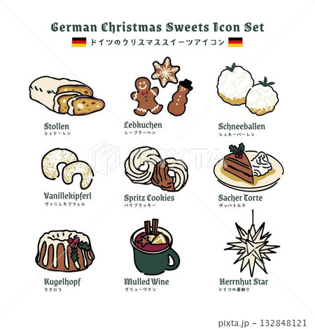 ドイツのクリスマススイーツアイコンセット／シュトーレンやレープクーヘンなど冬のデザイン 132848121