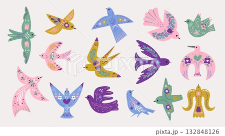 Birds with ornament. Floral ornaments bird, flying decorative swallow, dove or pigeon, sparrow. Simple characters with flowers, branches, nowaday vector clipart Birds with ornament. Floral ornaments bird, flying decorative swallow, dove or pigeon, sparrow. Simple characters with flowers, branches, nowaday vector clipart 132848126