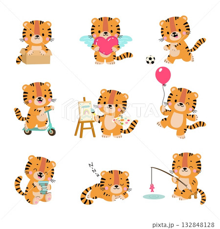 Cartoon tigers. Funny tiger drink coffee, riding scooter, drawing, packing things in cardboard box. Cute wild animal, children mascot, nowaday vector character 132848128