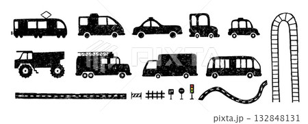Pencil drawing road elements. Hand drawn crayon truck, bus, tram, taxi cars black silhouettes. Traffic signs, grunge ways and railway. Children design vector set Pencil drawing road elements. Hand drawn crayon truck, bus, tram, taxi cars black silhouettes. Traffic signs, grunge ways and railway. Children design vector set 132848131