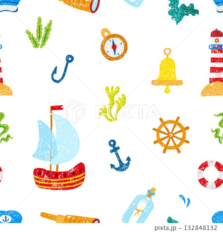 Nautical elements. Crayon drawing ship bell compass anchor. Children style lighthouse and letter in bottle. Pirate ocean adventures, vector background Nautical elements. Crayon drawing ship bell compass anchor. Children style lighthouse and letter in bottle. Pirate ocean adventures, vector background 132848132