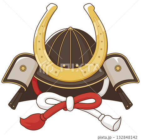 馬の歪めの前立てが付いた兜 132848142