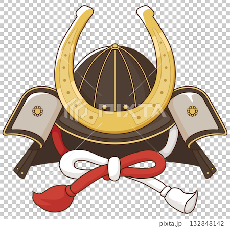 馬の歪めの前立てが付いた兜 132848142