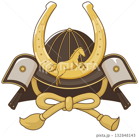 馬の歪めの前立てが付いた兜 132848143