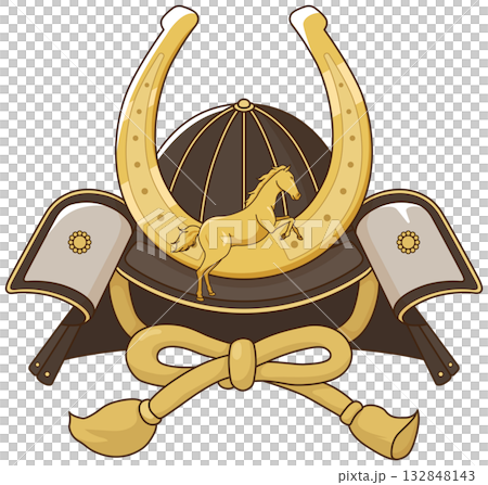 馬の歪めの前立てが付いた兜 132848143