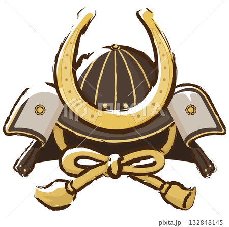 馬の歪めの前立てが付いた兜 132848145