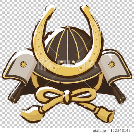 馬の歪めの前立てが付いた兜 132848145