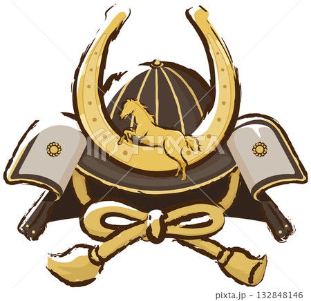 馬の蹄の前立てが付いた兜 132848146