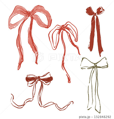 Whimsical Christmas set of red, green and pink bows. Hand-drawn gift bow isolated on white background. Holiday illustration for design, print, fabric or background. Whimsical Christmas set of red, green and pink bows. Hand-drawn gift bow isolated on white background. Holiday illustration for design, print, fabric or background. 132848292