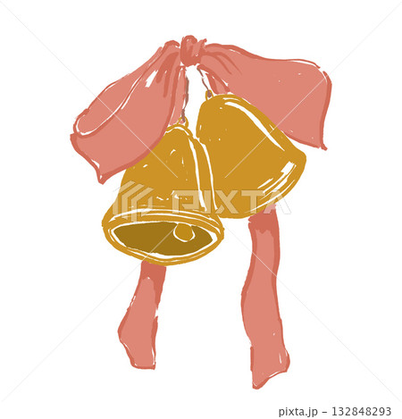 Whimsical Christmas card of gold bells and pink bow. Hand drawn composition isolated on white background. Holiday illustration for design, print, fabric or background. Whimsical Christmas card of gold bells and pink bow. Hand drawn composition isolated on white background. Holiday illustration for design, print, fabric or background. 132848293