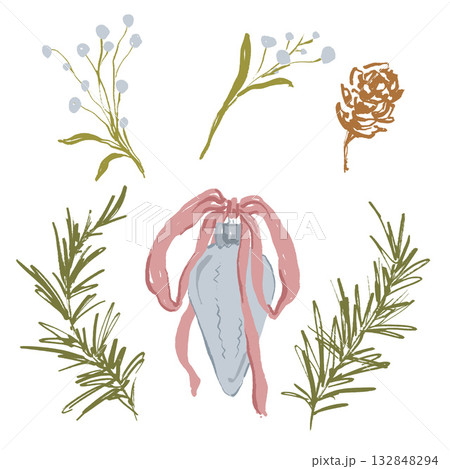 Whimsical Christmas floral set of pine cone, pink bow, Christmas tree toy and branch. Hand-drawn vintage collection isolated on white background. Illustration for design, print, fabric or background. Whimsical Christmas floral set of pine cone, pink bow, Christmas tree toy and branch. Hand-drawn vintage collection isolated on white background. Illustration for design, print, fabric or background. 132848294