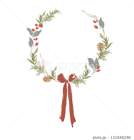 Whimsical Christmas floral wreath of red bow, berries, pine cone and branch. Hand-drawn vintage frame isolated on white background. Illustration for design, print, fabric or background. 132848296