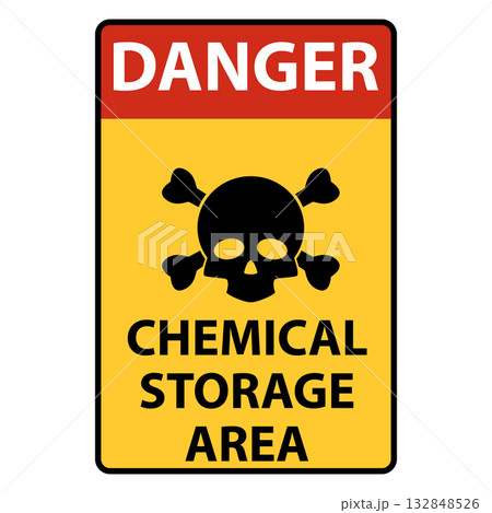 Danger chemical storage area. Yellow and black caution with chemical storage area text and sign. flat style. Danger chemical storage area. Yellow and black caution with chemical storage area text and sign. flat style. 132848526