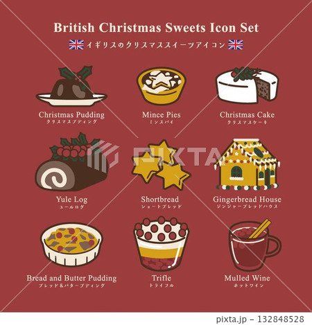 イギリスのクリスマススイーツアイコンセット/クリスマスプディングやミンスパイなど冬のデザイン イギリスのクリスマススイーツアイコンセット/クリスマスプディングやミンスパイなど冬のデザイン 132848528