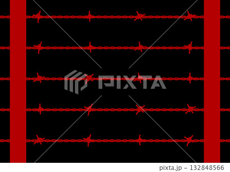 パンクやロックなデザイン・セキュリティ、制限、刑務所を示す赤と黒の有刺鉄線と柵の危険な背景 132848566