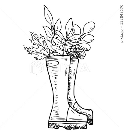 Autumn composition with rubber boots, rowan berries, and leaves. Hand drawn botanical vector illustration. Black line art. Autumn graphics for seasonal holidays, invitations and Thanksgiving. Autumn composition with rubber boots, rowan berries, and leaves. Hand drawn botanical vector illustration. Black line art. Autumn graphics for seasonal holidays, invitations and Thanksgiving. 132848570