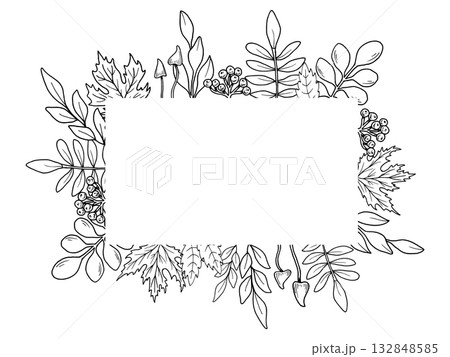 Horizontal frame with maple leaves, rowan berries and mushrooms. Hand drawn botanical vector illustration. Black line art graphic. Autumn garden background for holidays, invitations, Thanksgiving. Horizontal frame with maple leaves, rowan berries and mushrooms. Hand drawn botanical vector illustration. Black line art graphic. Autumn garden background for holidays, invitations, Thanksgiving. 132848585