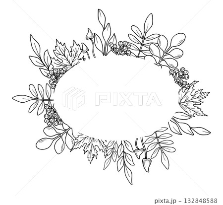 Oval horizontal frame with maple leaves, rowan berries, and mushrooms. Hand drawn botanical vector illustration. Black line art. Autumn garden background for seasonal celebrations and invitations. Oval horizontal frame with maple leaves, rowan berries, and mushrooms. Hand drawn botanical vector illustration. Black line art. Autumn garden background for seasonal celebrations and invitations. 132848588
