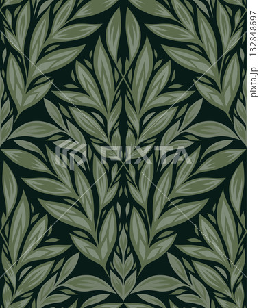Vector seamless leaf ornament on dark green background. Elegant nature-inspired texture with stylized foliage 132848697