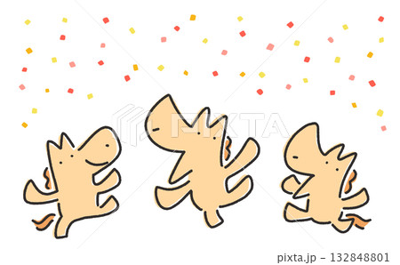 カラフルな紙吹雪と新年をお祝いする3頭の馬 正月素材・手描き カラフルな紙吹雪と新年をお祝いする3頭の馬 正月素材・手描き 132848801