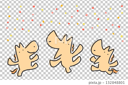 カラフルな紙吹雪と新年をお祝いする3頭の馬 正月素材・手描き カラフルな紙吹雪と新年をお祝いする3頭の馬 正月素材・手描き 132848801